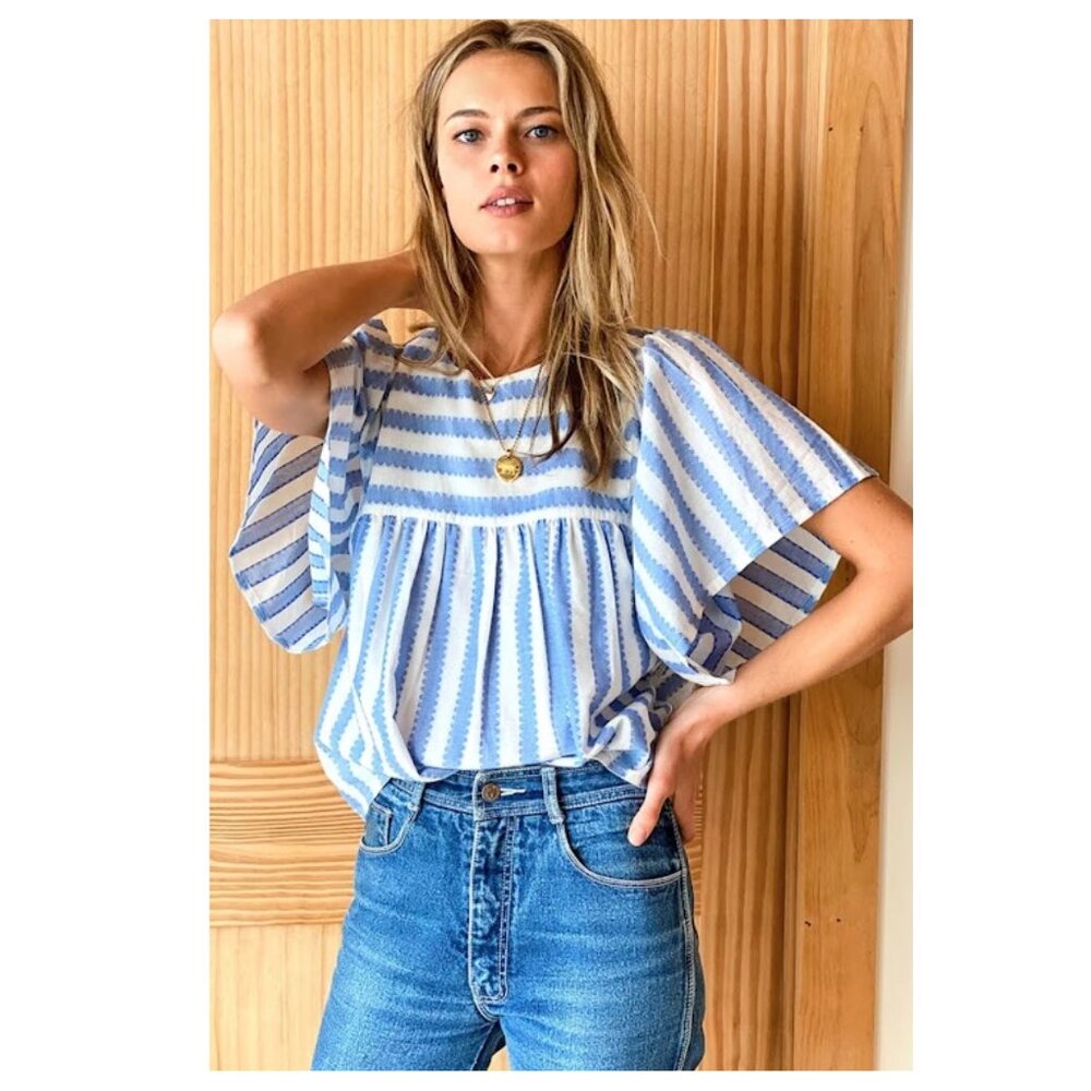 EMERSON FRY India Collection 100% Organic Cottton Basalie Top Scallop Blue